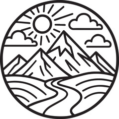 Circular mountain landscape with winding river and sun