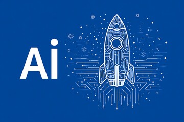 AI Startup: Circuit Board Rocket Launching on Blue Background; Futuristic Technology Concept