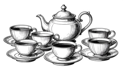 Detailed line drawing of a tea set