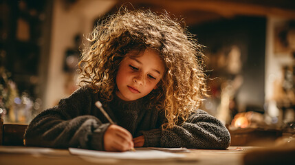 creative young girl concentrating on writing in cozy indoor study scene curly hair thoughtful expression lifestyle education portrait highlighting learning moment