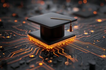 Graduation Cap on Illuminated Circuit Board:  Digital Education, Technology, and Future Success Concept.