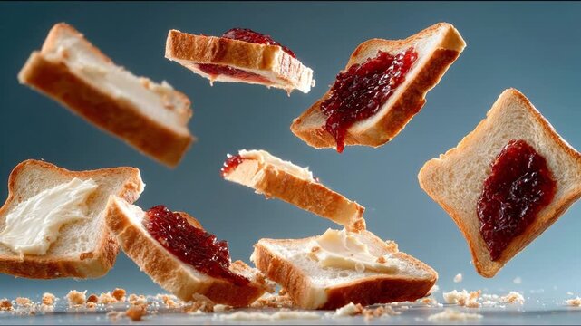 Slices of white bread with butter and jam levitate against a greyblue backdrop surrounded by crumbs