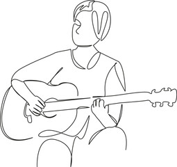 One continuous single drawing line art flat doodle guitar, music, musician, playing, guitarist, girl, acoustic. Isolated image hand draw contour on a white background, hand drawn, not AI