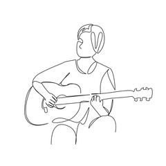 One continuous single drawing line art flat doodle guitar, music, musician, playing, guitarist, girl, acoustic. Isolated image hand draw contour on a white background, hand drawn, not AI