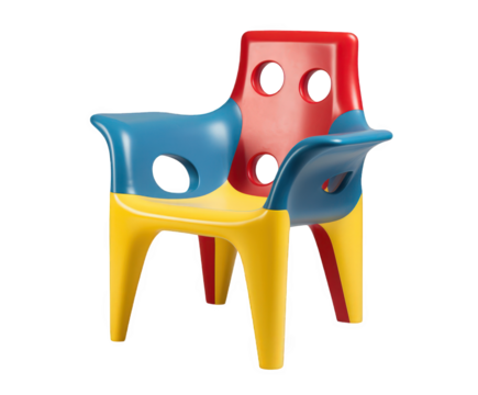 A colorful plastic childrens chair with blue arms, a yellow seat, and a red back, isolated on a transparent background