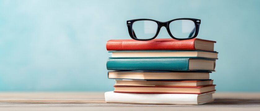 The stack of books with glasses highlighting a study or reading environment.