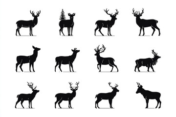 Twelve deer silhouettes various poses and antler sizes wildlife animals nature
