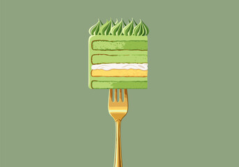 Vibrant green layered cake on golden fork, a sweet and elegant dessert illustration, inviting indulgence