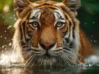Naklejka premium Tiger wading through a forest stream at dawn