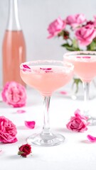Pink rose cocktail in elegant glasses