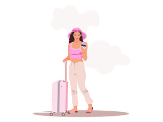 Pretty woman with luggage ready for vacation on the white background.