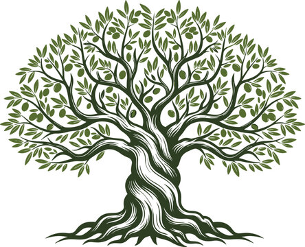 Stylized tree illustration, twisted trunk design, green leaf canopy, nature symbol art, symmetrical tree graphic, botanical drawing, growth concept