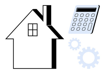 House outline, calculator, and gears signify real estate, mortgage calculation, homeownership, and system processes. Ideal for property investment, finance, strategy housing market planning simple