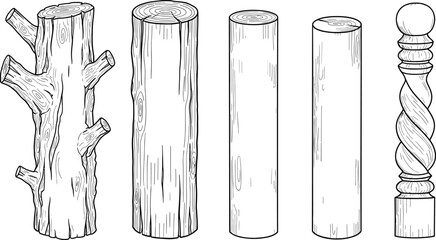 Wood processing stages illustration, tree trunk to carved post, timber transformation graphic, log evolution art, woodworking concept, material design © Md Shahedul