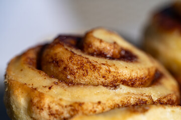 Close-up macro of freshly baked cinnamon roll with swirl pattern
