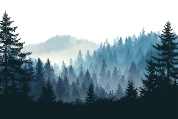 Obraz premium Misty mountain forest landscape serene nature scene trees fog hills