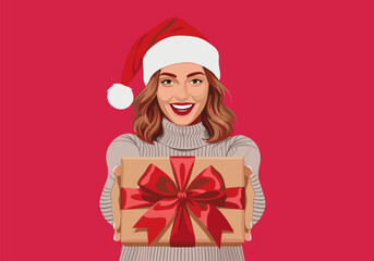 Merry Christmas! Woman with Gift, Festive Illustration