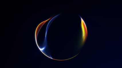 Minimal glowing sphere with delicate yellow and blue neon light curves on dark futuristic background. Elegant abstract digital shape.