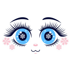 Cute cartoon  face with big eyes  and pink snowflakes