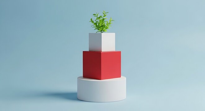 Abstract Geometric Stacked Cubes with Growing Greenery on Blue Background - Powered by Adobe