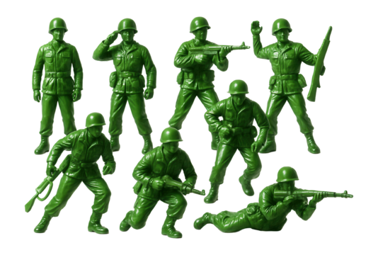 Green toy soldiers in a traditional pose.