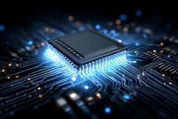 High-tech microchip processor glowing blue on circuit board; futuristic digital technology concept.
