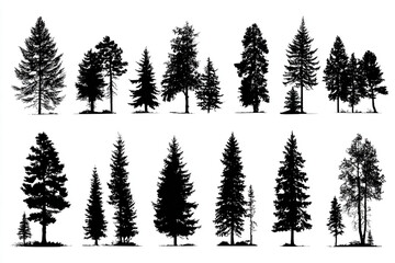 Collection of evergreen tree silhouettes various sizes and shapes isolated on white background