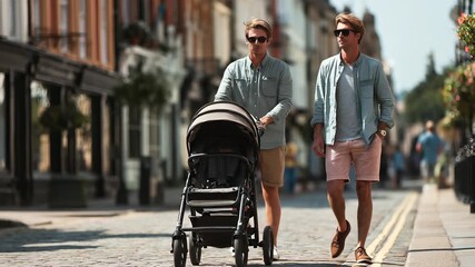 Two Stylish Young Fathers Pushing Baby Stroller on Cobblestone Street in European City on Sunny Day