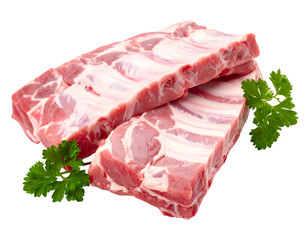 Fresh cuts of pork ribs with green herbs, perfect for grilling or barbecuing at home or in restaurants.