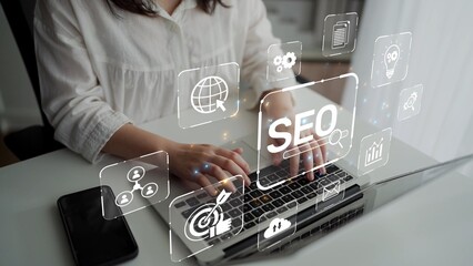 SEO concept for improving SEO visibility, with SEO related digital tools and SEO performance icons shown in an focused layout for strategic marketing. Muxer