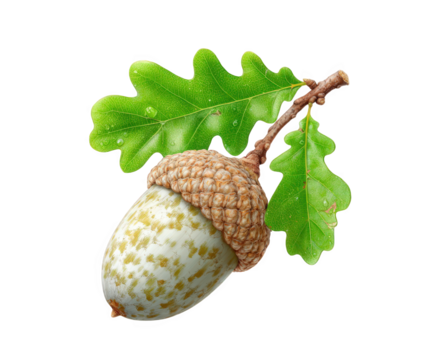A single ripe acorn with a textured cap and two green oak leaves, isolated on a transparent background, representing autumn and natures bounty