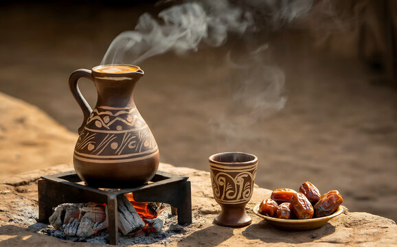 A photograph of a traditional jebena coffee pot brewing on a charcoal brazier. The jebena is crafted from dark brown clay with intricate etched patterns and filled with a rich amber liquid, emanating 