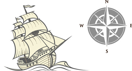 Vintage Sailing Ship with Compass Rose Illustration