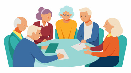A group of seniors sitting around a table some actively participating in the brainstorming session while others look lost and overwhelmed.. Vector illustration