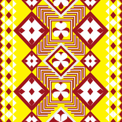 seamless geometric pattern
Bold geometric textile pattern featuring symmetrical red diamonds with white floral centers, surrounded by striped squares and yellow backgrounds. The design includes zigzag