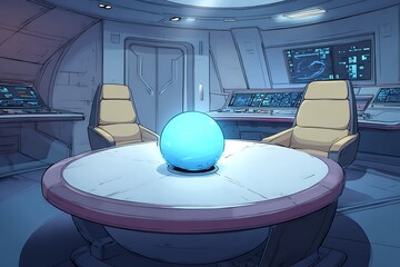 Futuristic glowing blue egg artifact on a circular table in a science fiction spaceship bridge interior