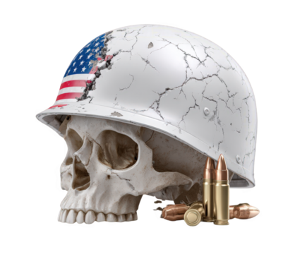 A cracked, white military helmet adorned with a tattered american flag, placed over a human skull, with bullets scattered around its base, isolated on transparent background - Powered by Adobe