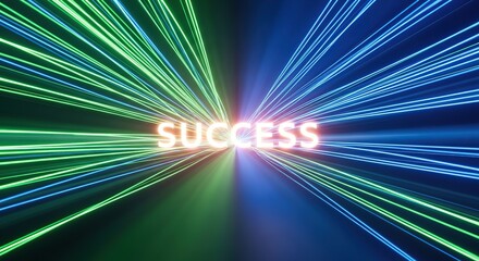 Achieving business goals: illuminated path to success with neon lights and glowing text effect concept