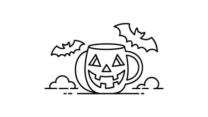 Halloween jack o lantern mug with flying bats and clouds outline