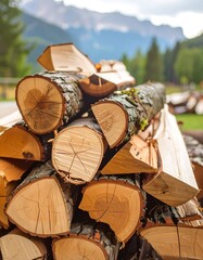 Stacked firewood in a mountain setting