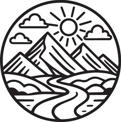 Circular mountain landscape with winding river and sun