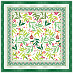 A vibrant square bandanna floral pattern featuring green leaves and colorful flowers, framed by decorative borders in shades of green and white.