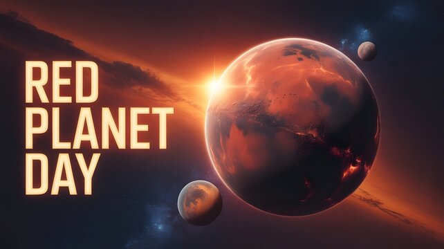 Red Planet Day cosmic artwork highlighting Mars with glowing sunlight, surrounding planets, and deep galaxy background for outer space exploration, futuristic astronomy, and sci-fi digital design.