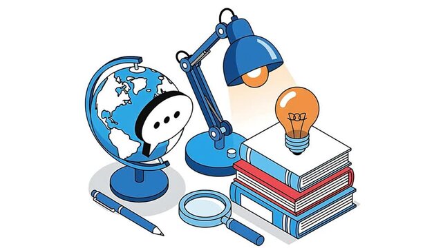 Globe with speech bubble desk lamp stack of books magnifying glass and pen on white background Keywords: globe, world, earth, communication, speech bubble, chat, conversation, ideas, learning