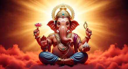 Majestic Ganesha in Golden Light and Red Clouds