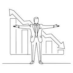 Continuous Line Art of Businessman Standing with Up and Down Graphs – Market Risk and Opportunity Concept