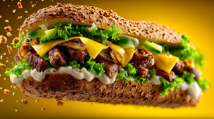 Delicious sub sandwich with grilled meat, cheddar cheese, lettuce, onions, and sauce on multigrain bread, floating against a vibrant yellow background.
