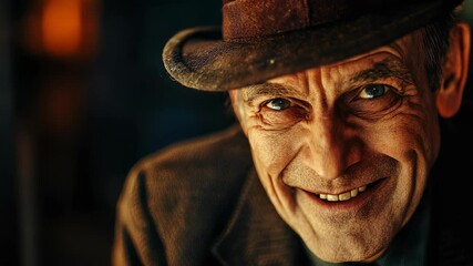 Close-up Portrait of a Smiling Elderly Man Wearing a Fedora Hat, Expressing Mischief and Warmth in Dimly Lit Interior Setting - Powered by Adobe