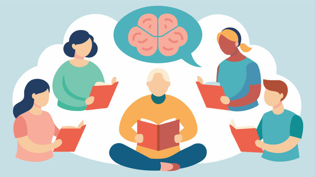 A group of individuals with brain injuries participating in a storytelling circle as part of their rehabilitation process. The activity helps them improve their memory language and. Vector