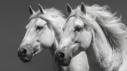 Two majestic white horses with flowing manes against a neutral background showcasing their beauty and grace